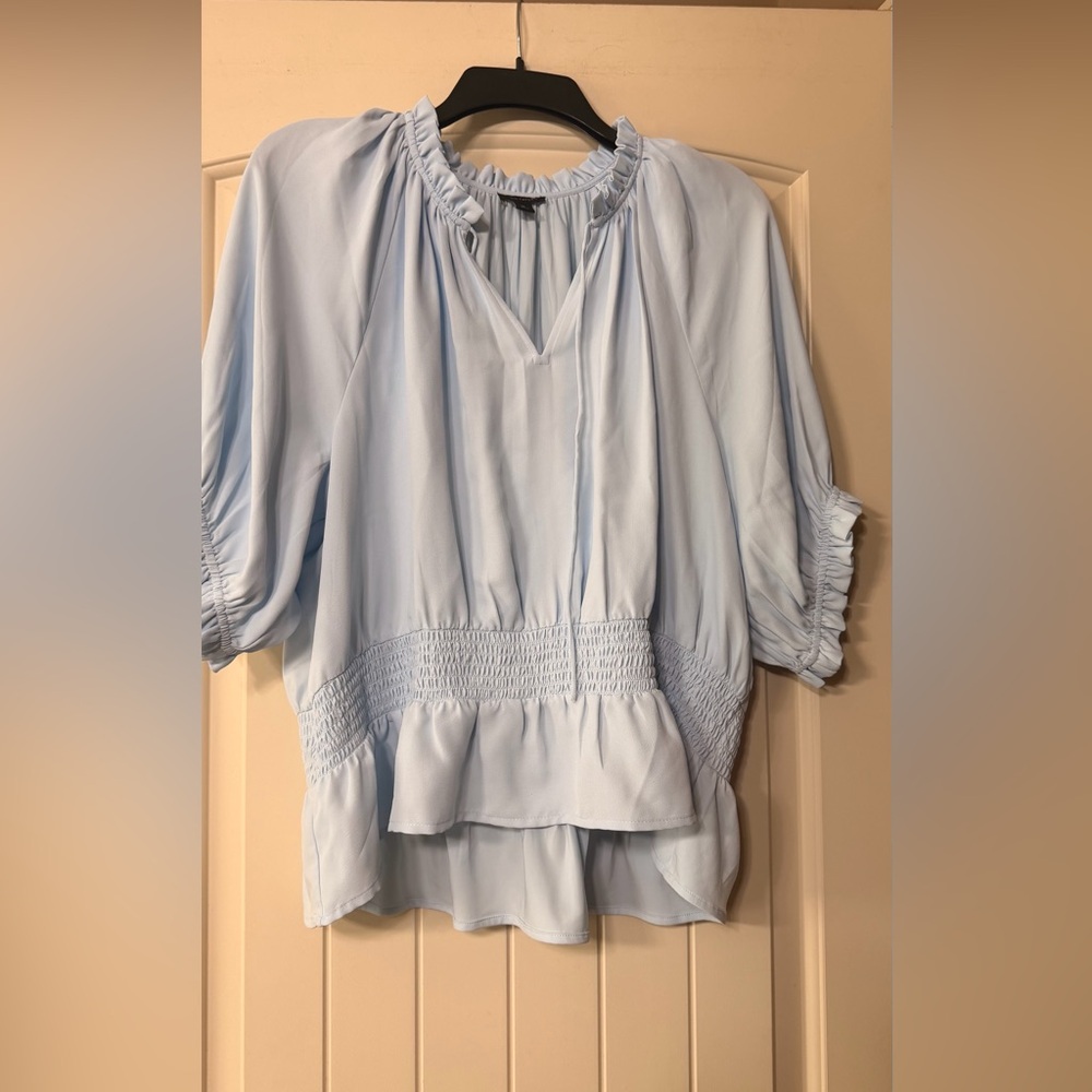 Ann Taylor Pale Blue Smocked Waist Ruffle Blouse